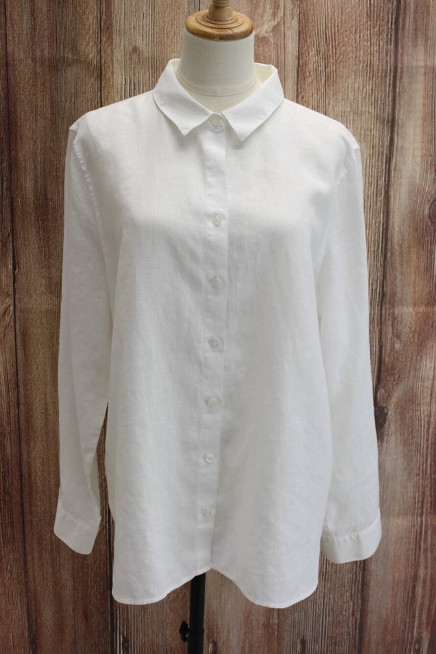 Chico's No Iron White Linen Button Up Blouse XL size 3 Roll Tab Sleeve Timeless